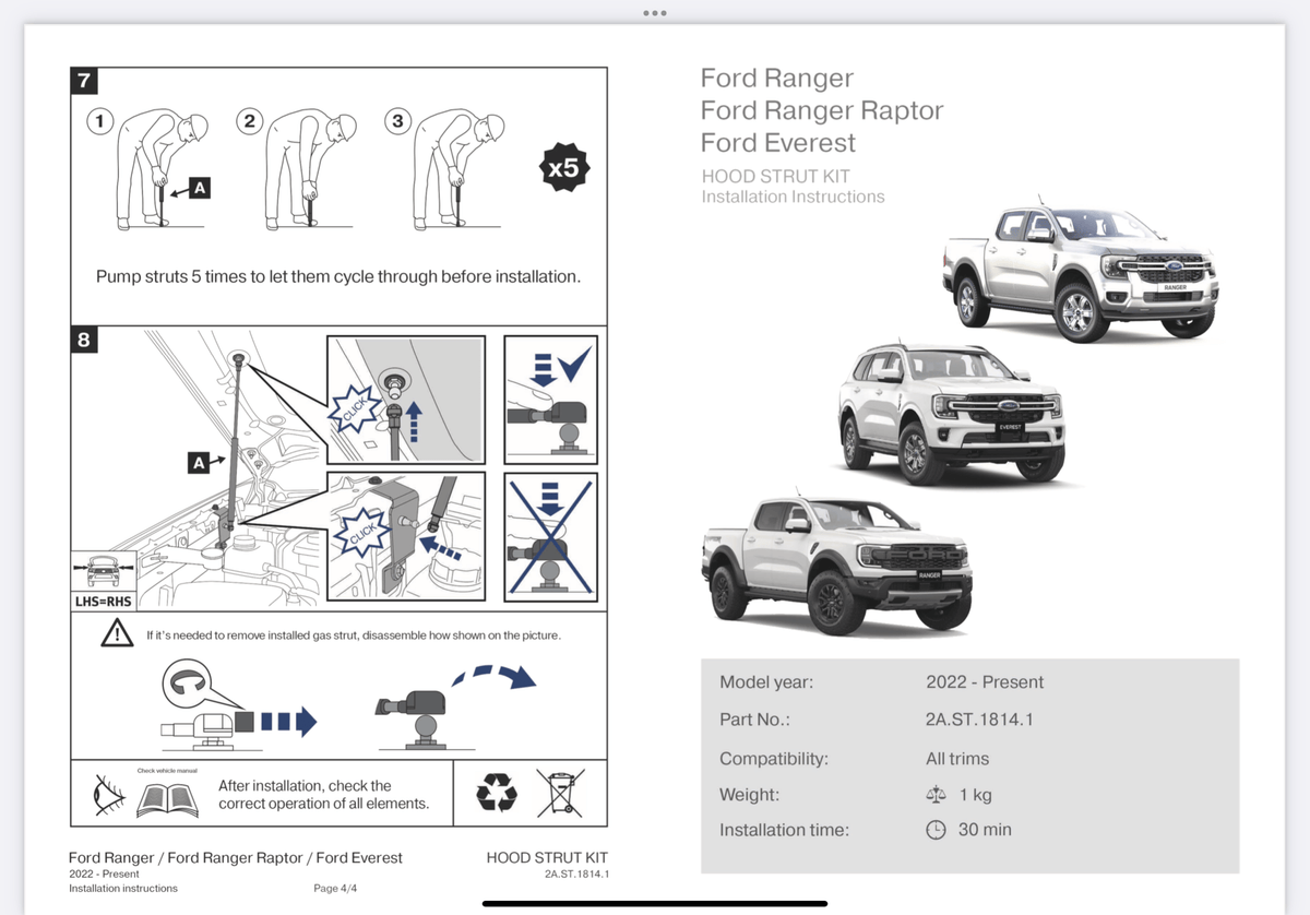 Hood Strut - Ford Ranger Nextgen / Raptor Next Gen / Everest Next Gen ...